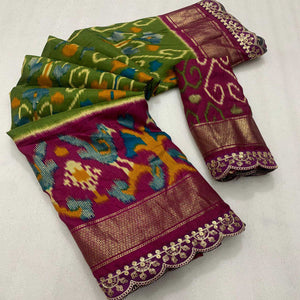 green-wine-ikkat-printed-dola-silk-saree-with-sequins-embroidered-border