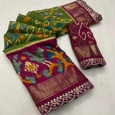 green-wine-ikkat-printed-dola-silk-saree-with-sequins-embroidered-border