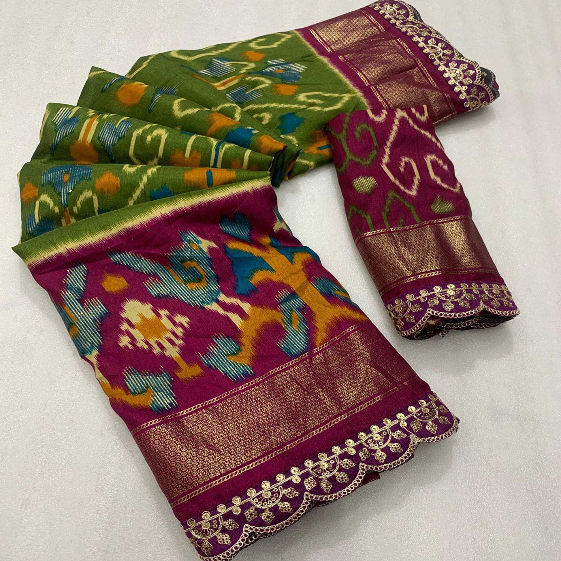 green-wine-ikkat-printed-dola-silk-saree-with-sequins-embroidered-border