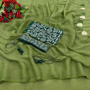 green-striped-chiffon-saree-with-tassels