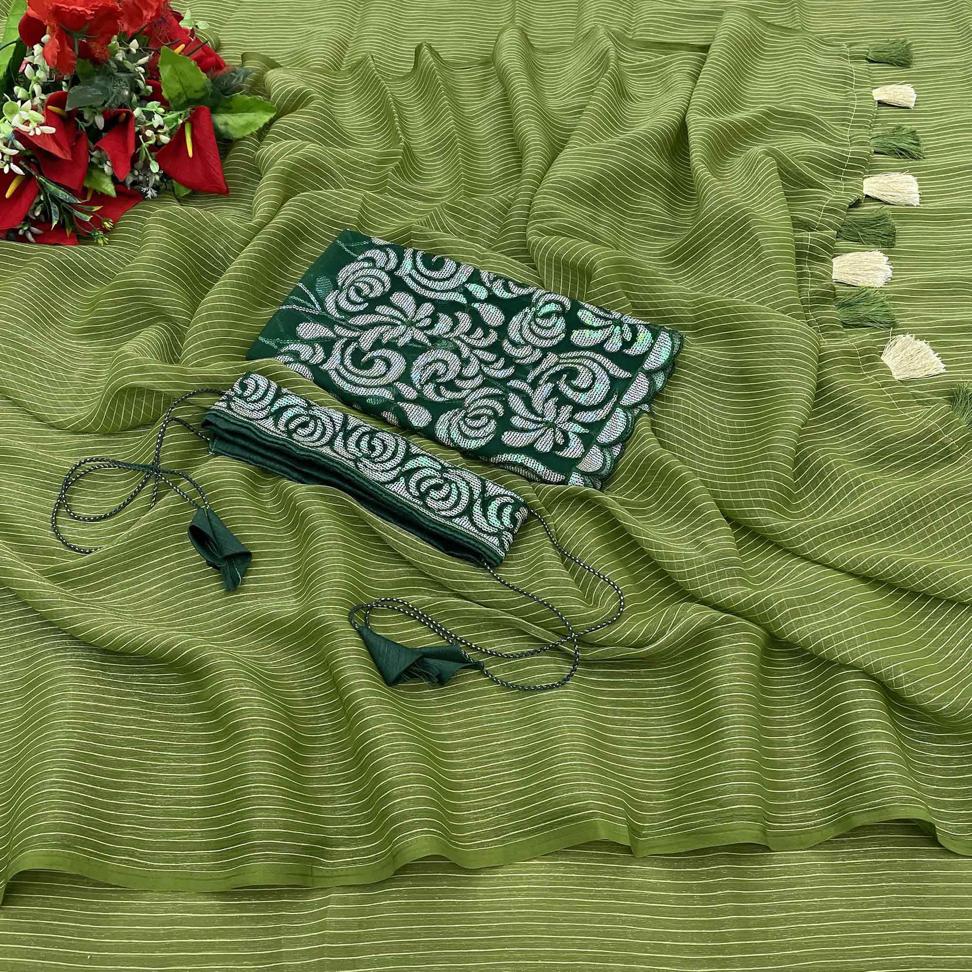 green-striped-chiffon-saree-with-tassels