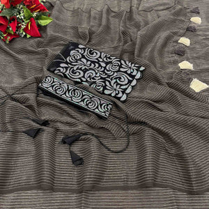 grey-black-striped-chiffon-saree-with-tassels