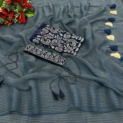 grey-blue-striped-chiffon-saree-with-tassels