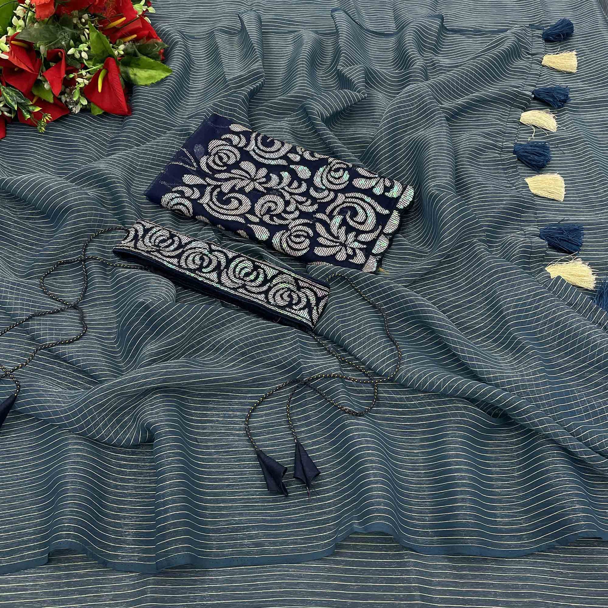 grey-blue-striped-chiffon-saree-with-tassels