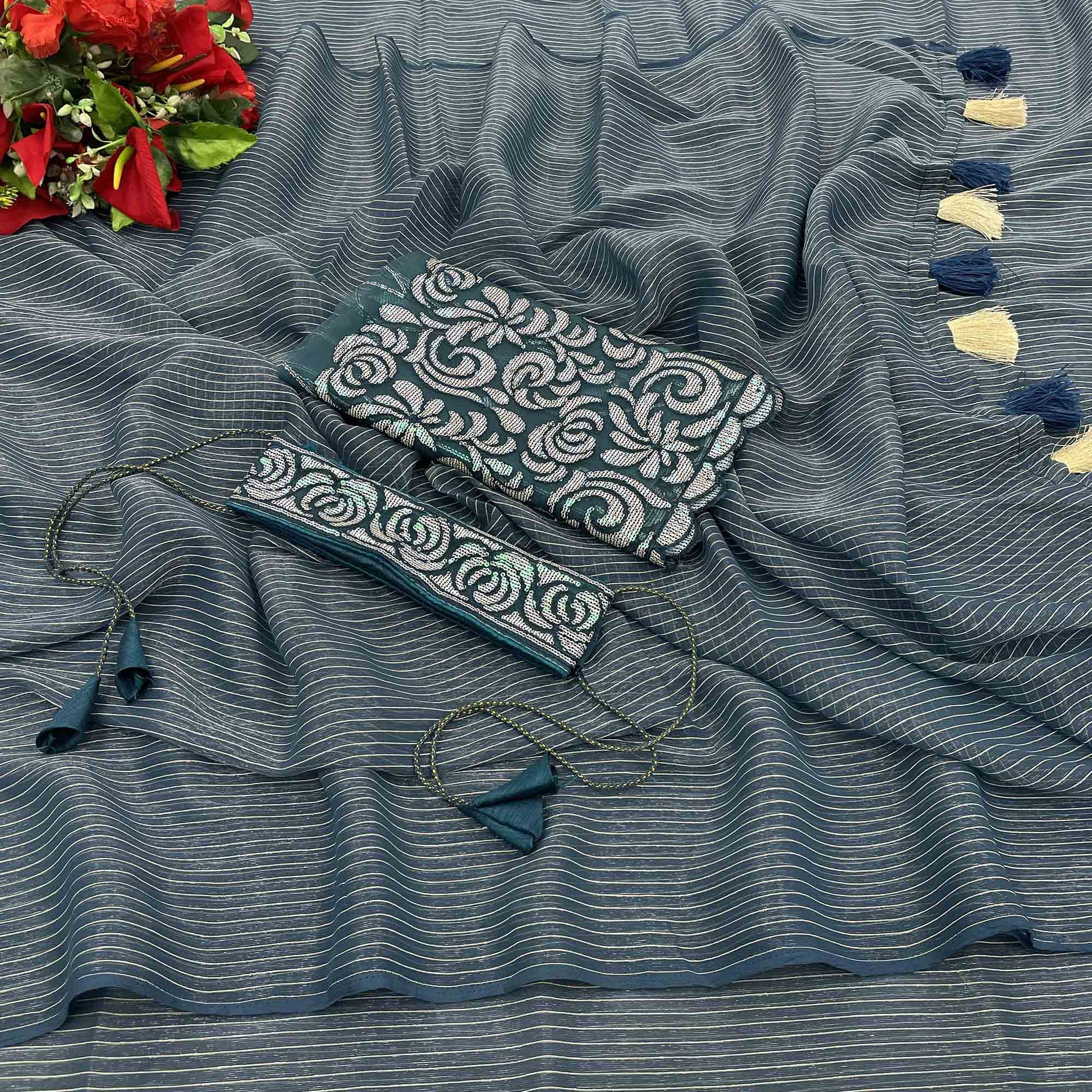grey-blue-striped-chiffon-saree-with-tassels-1