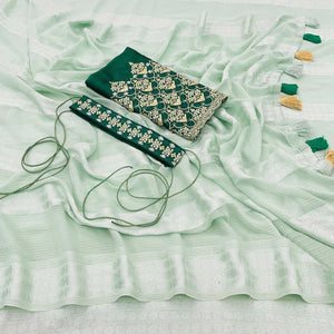 Light Sea Green Zari Woven Georgette Saree With Tassels