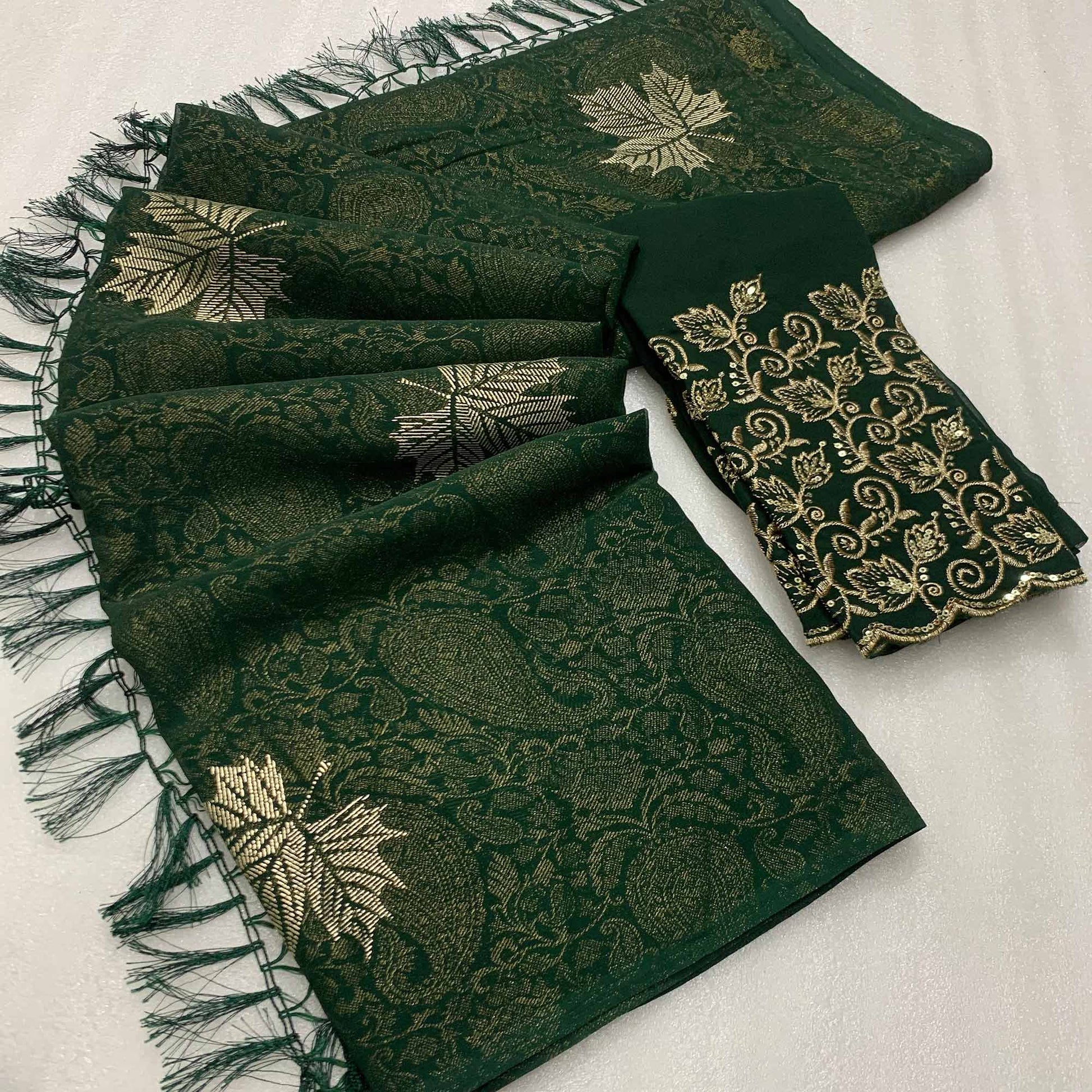 green-foil-printed-georgette-saree-with-with-tassels