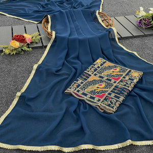 Blue Solid Georgette Saree With Sequins Embroidered Border