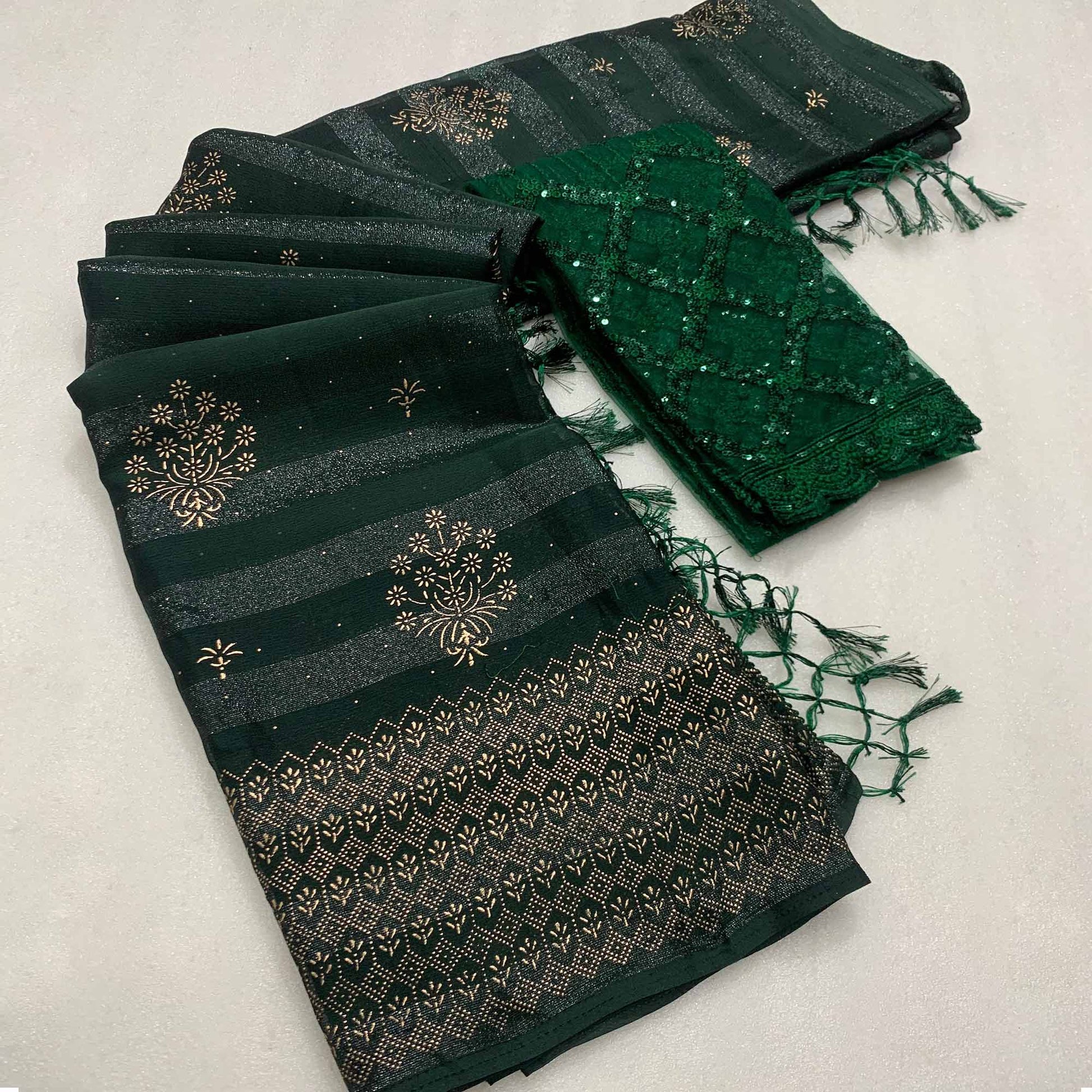 green-emboss-floral-foil-printed-moss-art-silk-saree