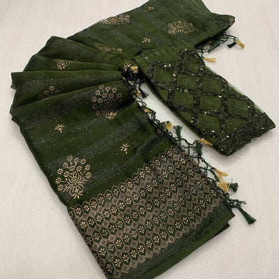 Mehendi Green Emboss Floral Foil Printed Moss Art Silk Saree