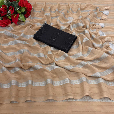 Chikoo Zari Striped Georgette Saree With Tassels