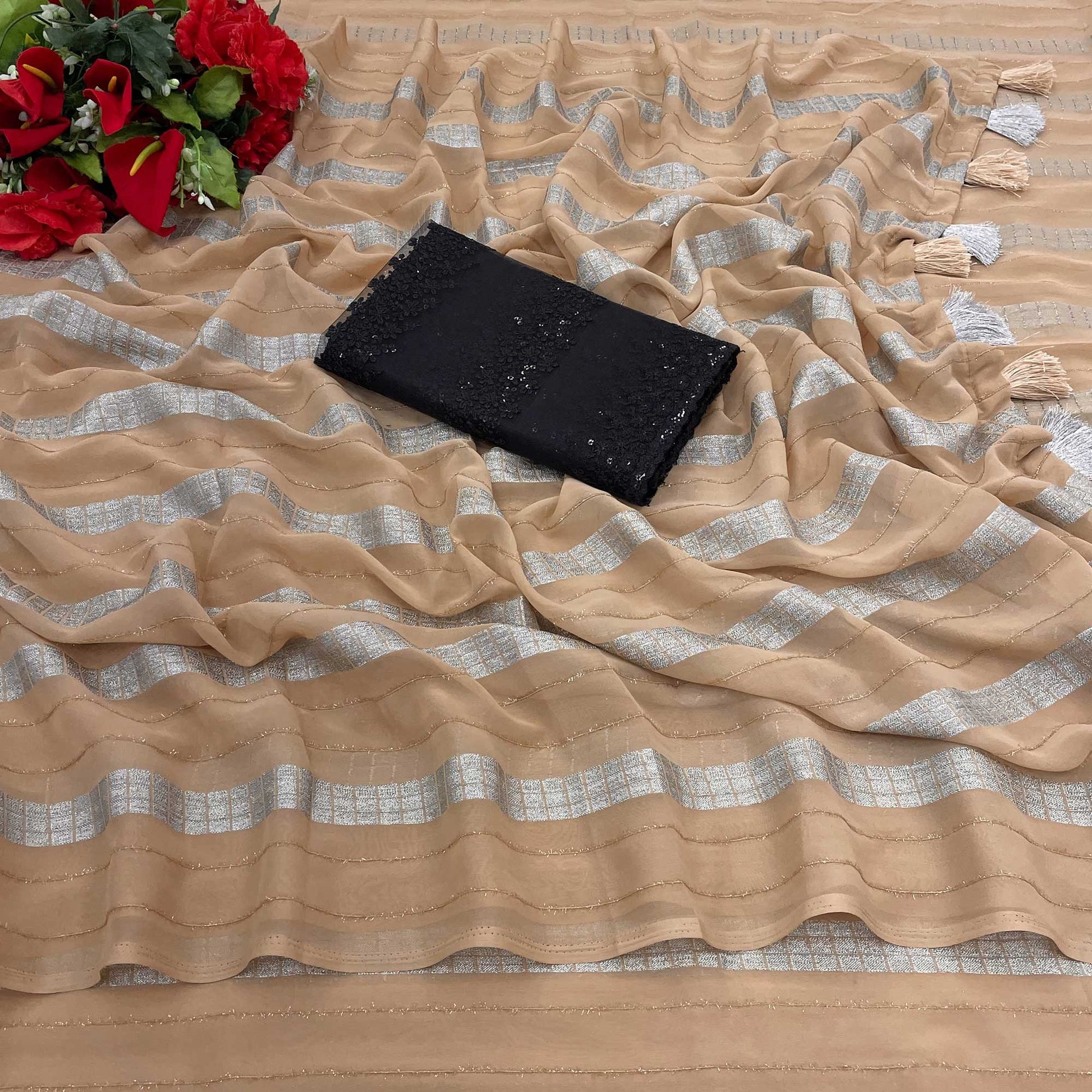 Chikoo Zari Striped Georgette Saree With Tassels