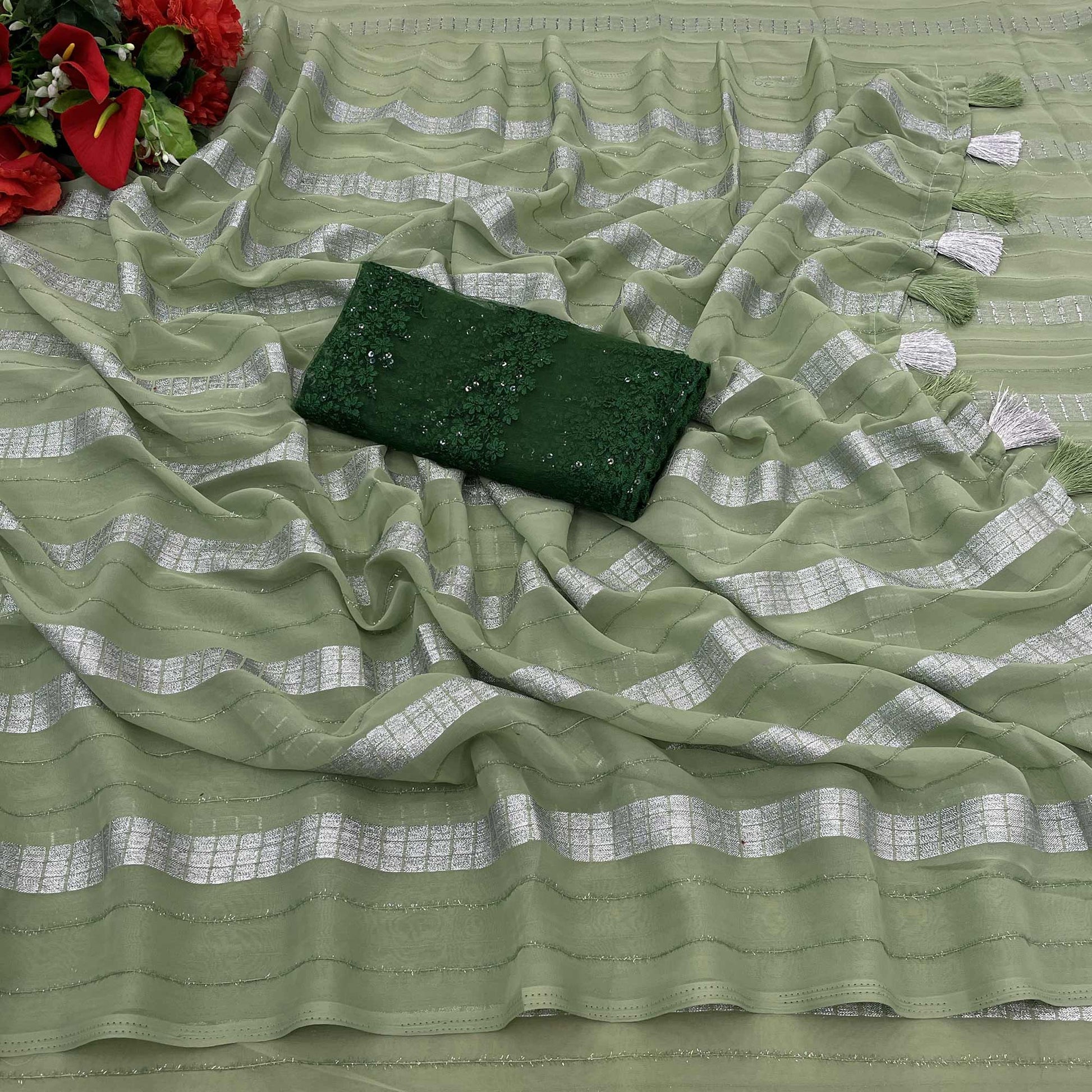 green-zari-striped-georgette-saree-with-tassels