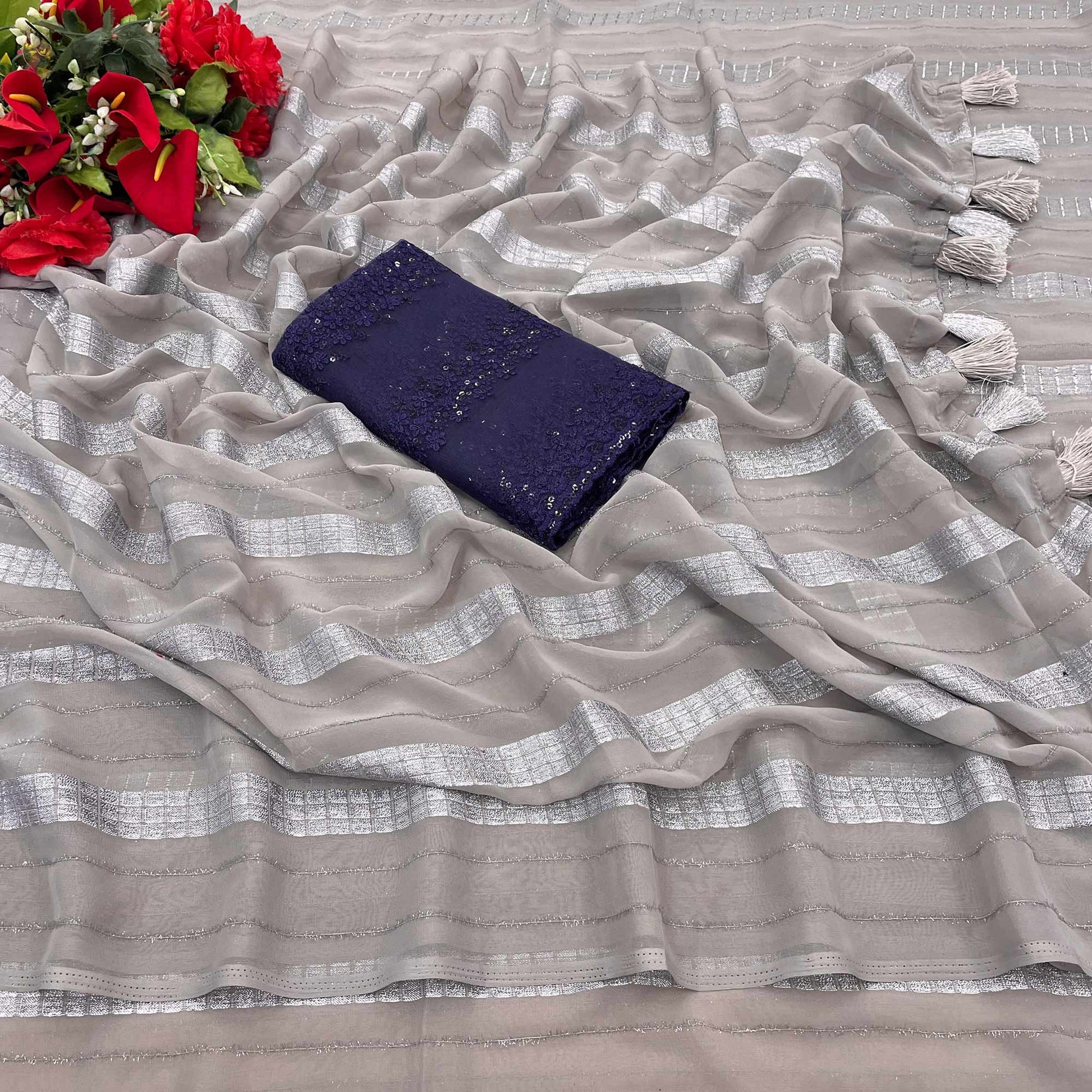 Grey Zari Striped Georgette Saree With Tassels
