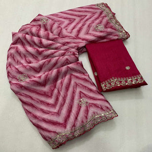 Magenta Leheriya Printed With Sequins Embroidered Chinon Saree