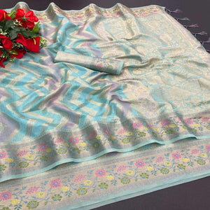 Blue Woven Organza Saree With Tassels