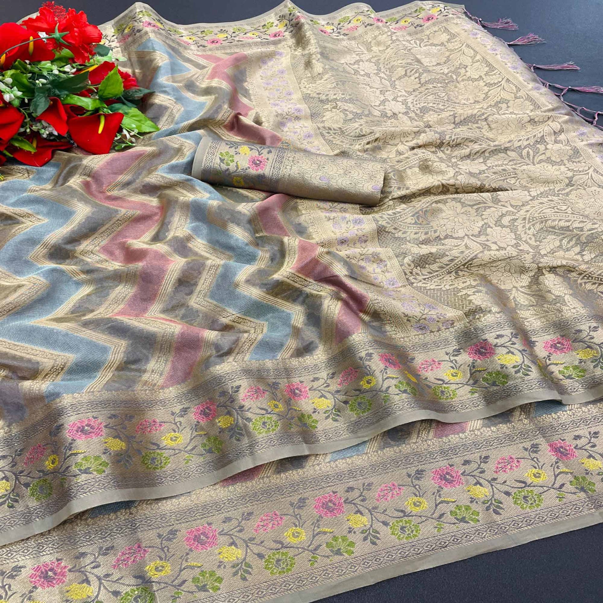 Grey Woven Organza Saree With Tassels