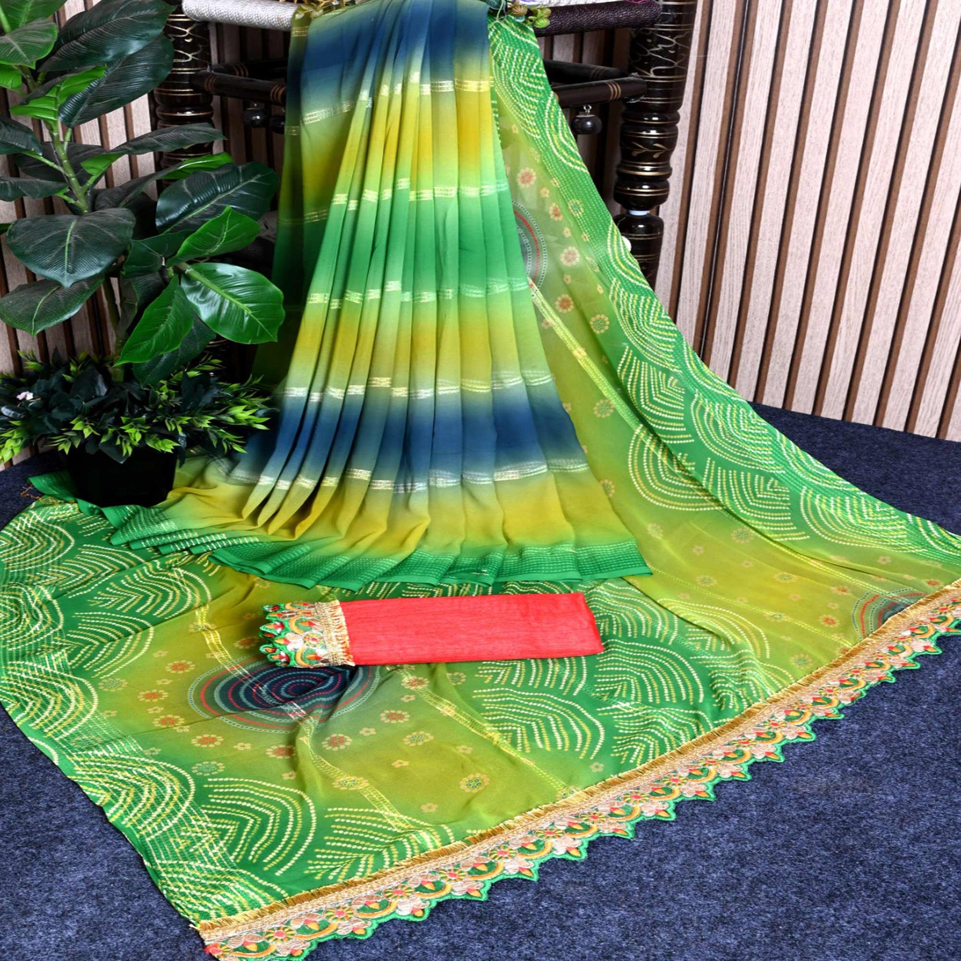 green-bandhani-printed-georgete-saree-with-zari-border