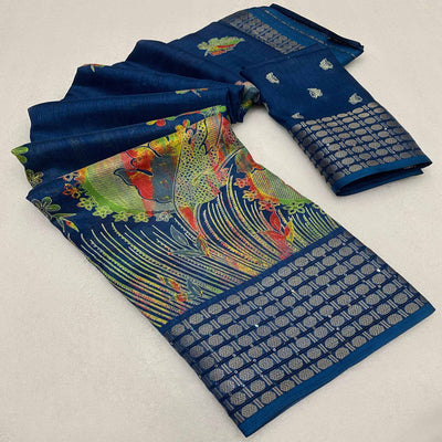 Denim Blue Printed Dola Silk Saree With Sequins Border