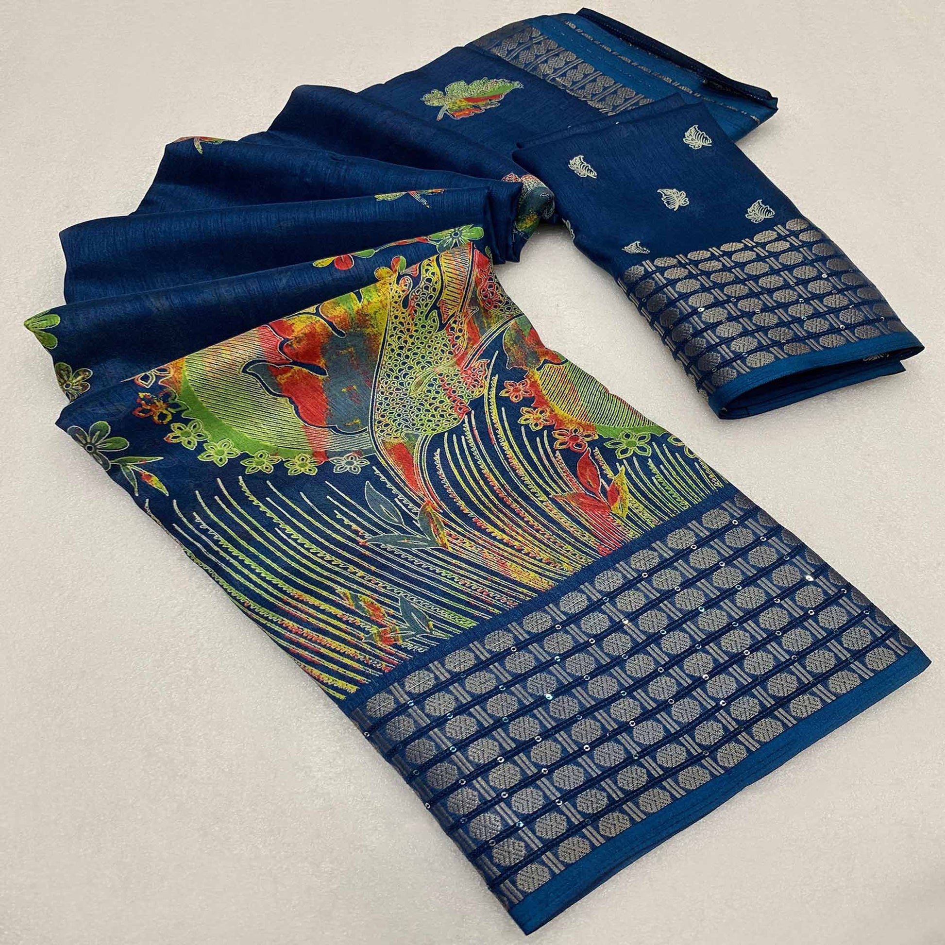 Denim Blue Printed Dola Silk Saree With Sequins Border