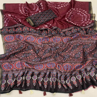 Dark Wine Ajrakh Printed Chanderi Saree With Zari Border