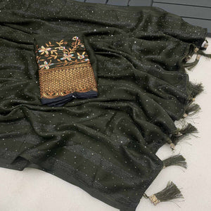 Mehandi Green Woven Swaroski Work Georgette Saree With Tassels