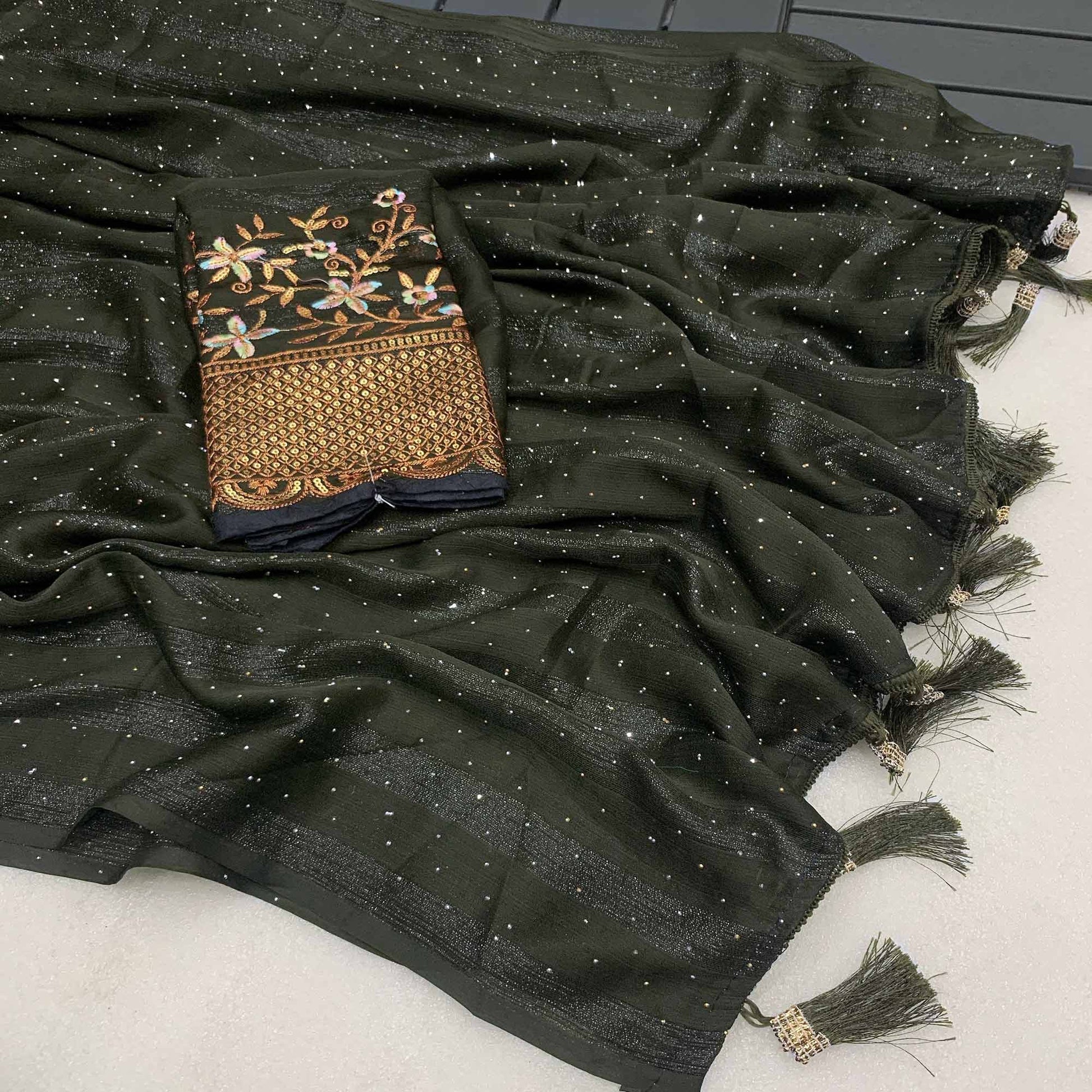 Mehandi Green Woven Swaroski Work Georgette Saree With Tassels