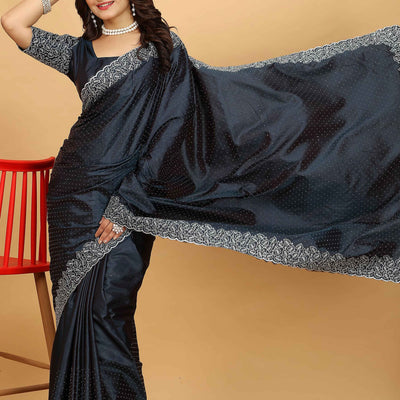 Dark Grey Swarovski Work Paper Silk Saree With Embroidery Zari Border
