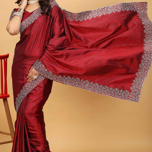 Maroon Swarovski Work Paper Silk Saree With Embroidery Zari Border