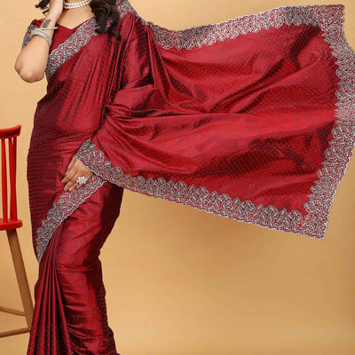 Maroon Swarovski Work Paper Silk Saree With Embroidery Zari Border