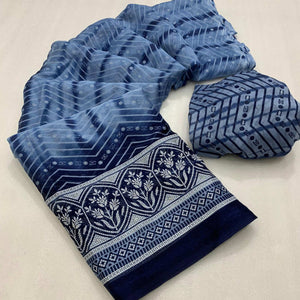 Blue Shibori Foil Printed Chiffon Saree