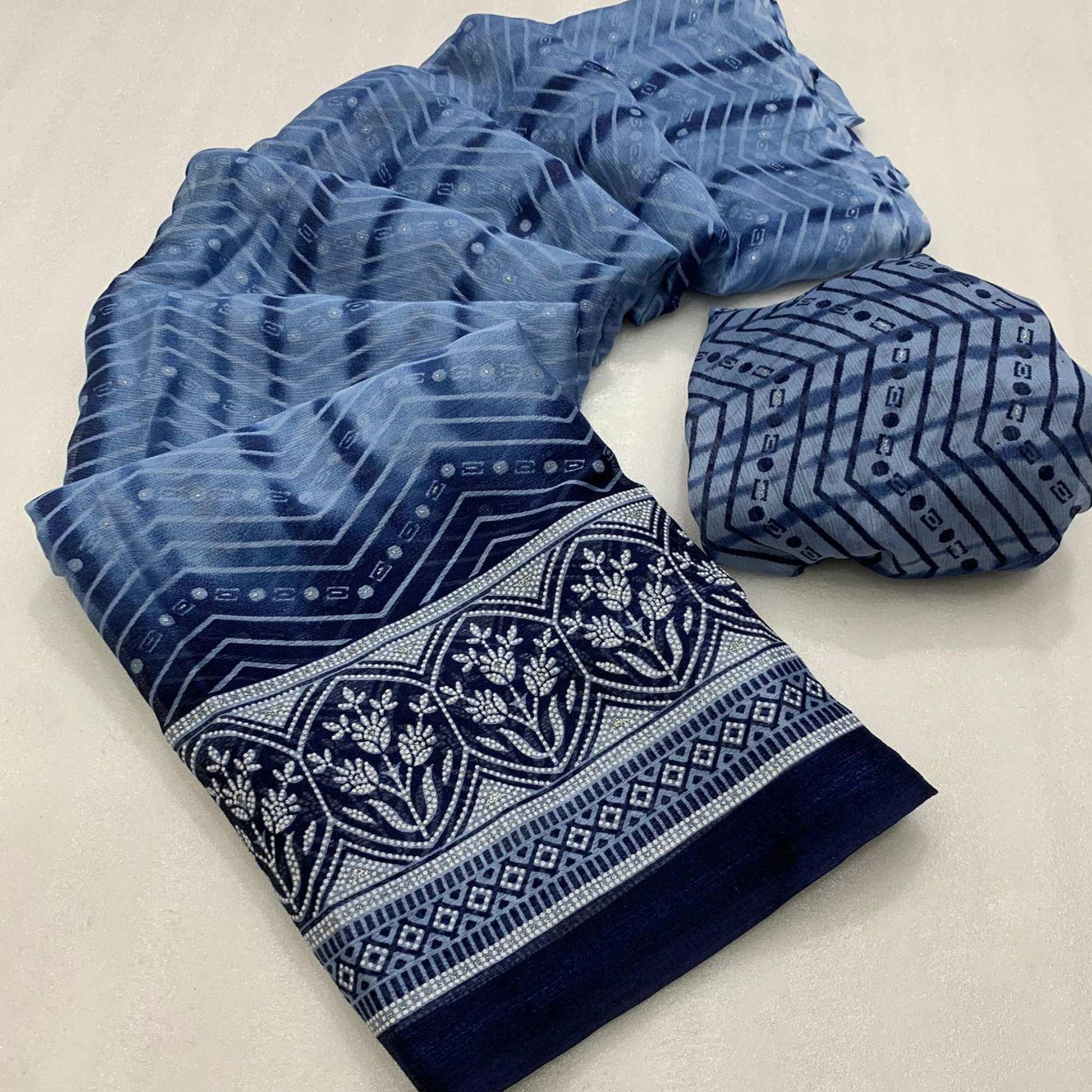 Blue Shibori Foil Printed Chiffon Saree