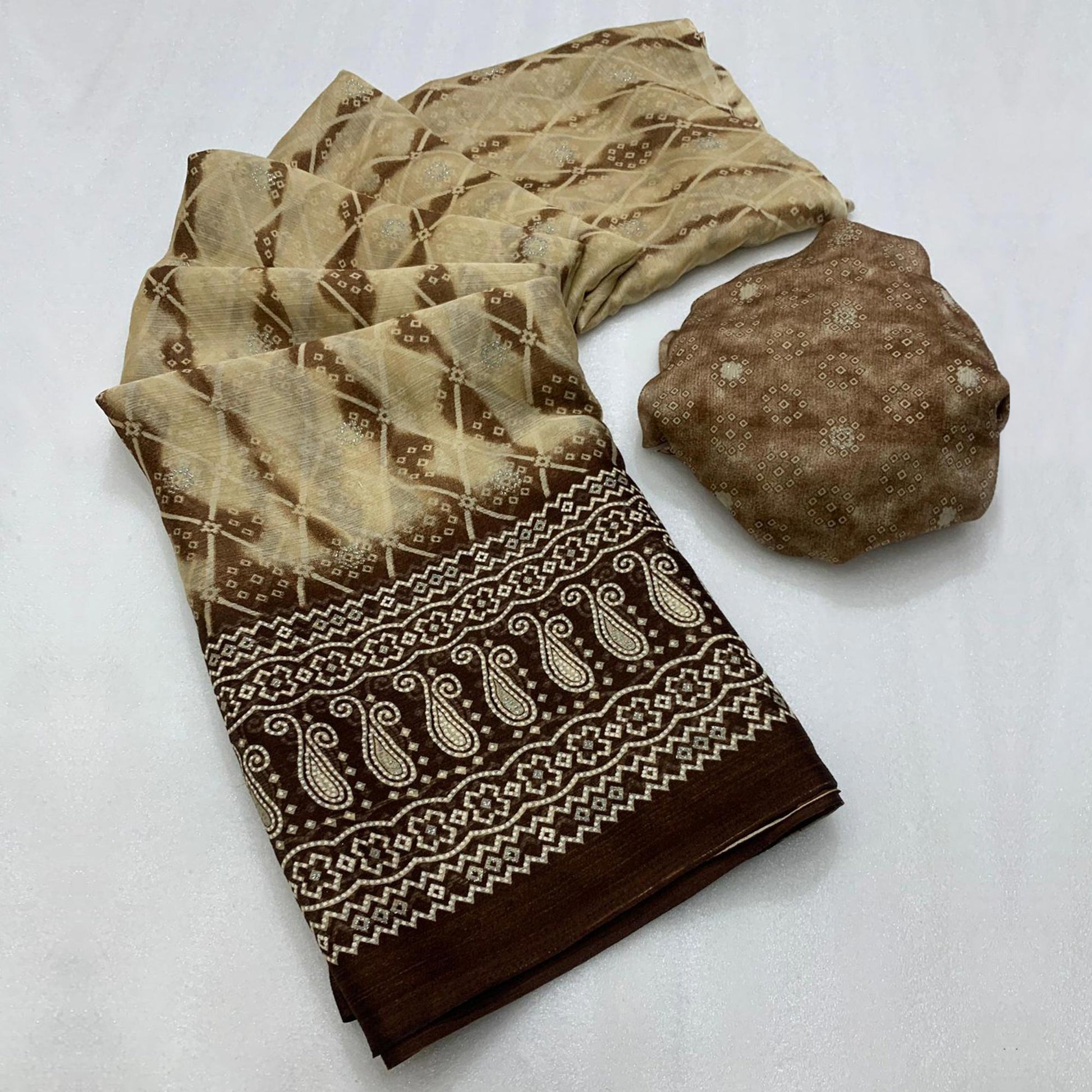 Brown Shibori Foil Printed Chiffon Saree