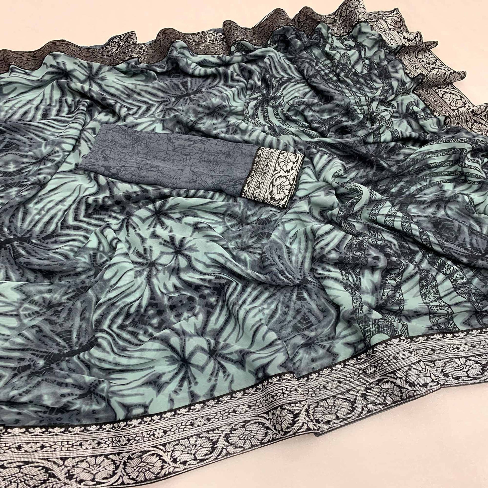 Dusty Grey Shibori Printed Georgette Saree With Woven Border