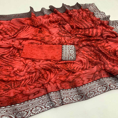 Dusty Red Shibori Printed Georgette Saree With Woven Border
