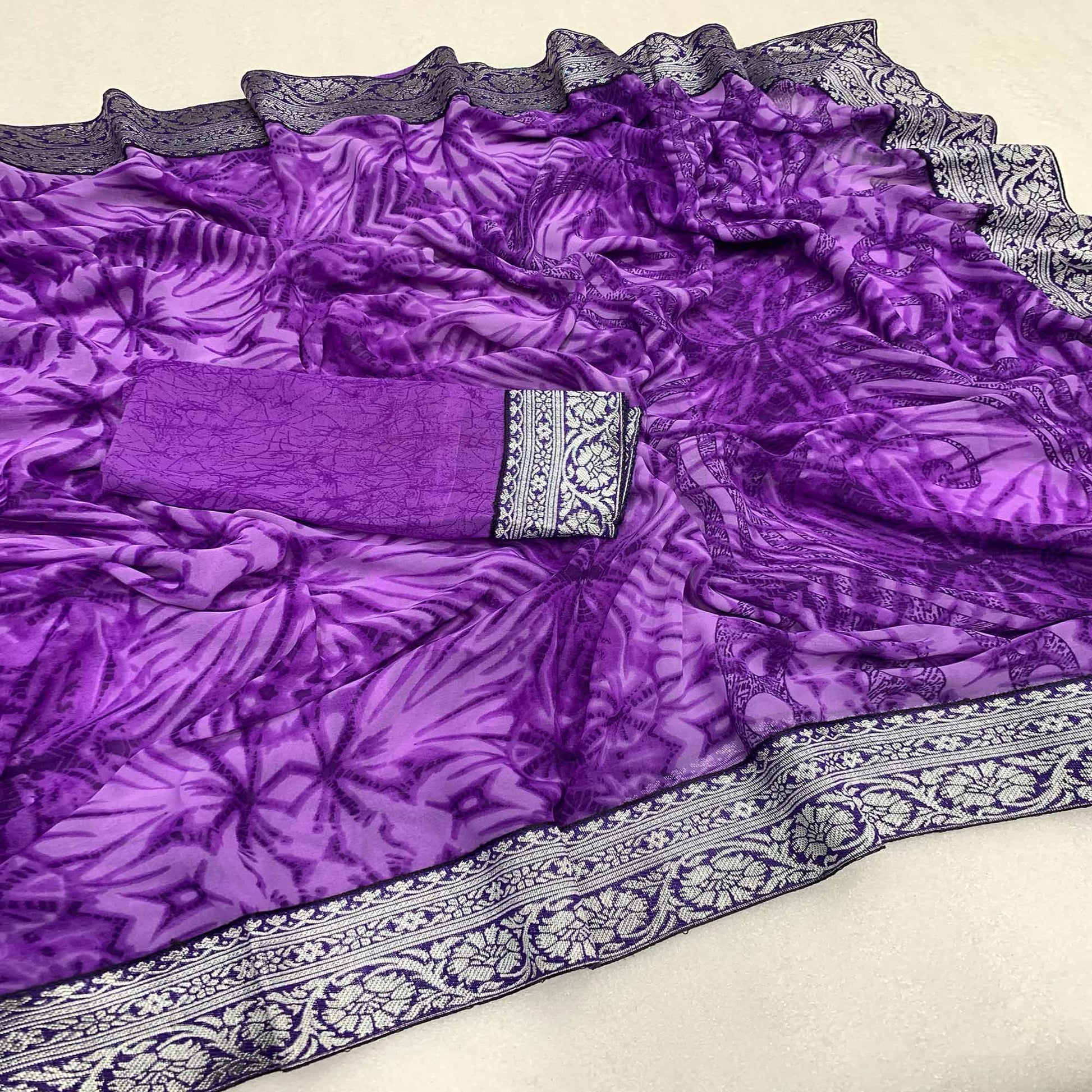 Lavender Shibori Printed Georgette Saree With Woven Border