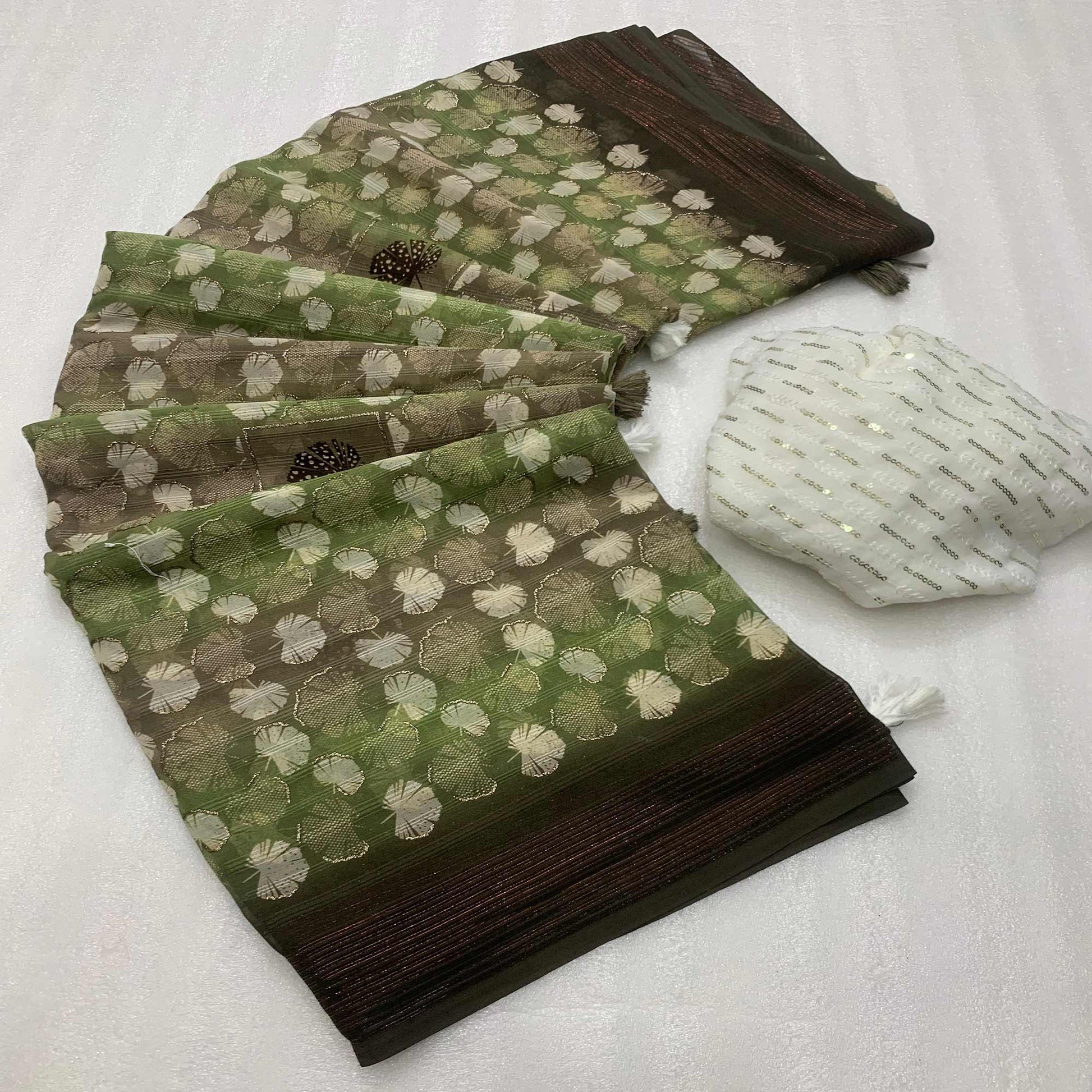 Mehendi Green Floral Foil Printed Georgette Saree With Tassels