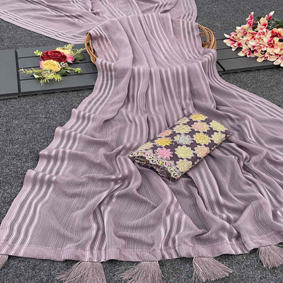 Mauve Zari Striped Woven Georgette Saree