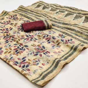 Cream Kalamkari Floral Printed Chanderi Saree