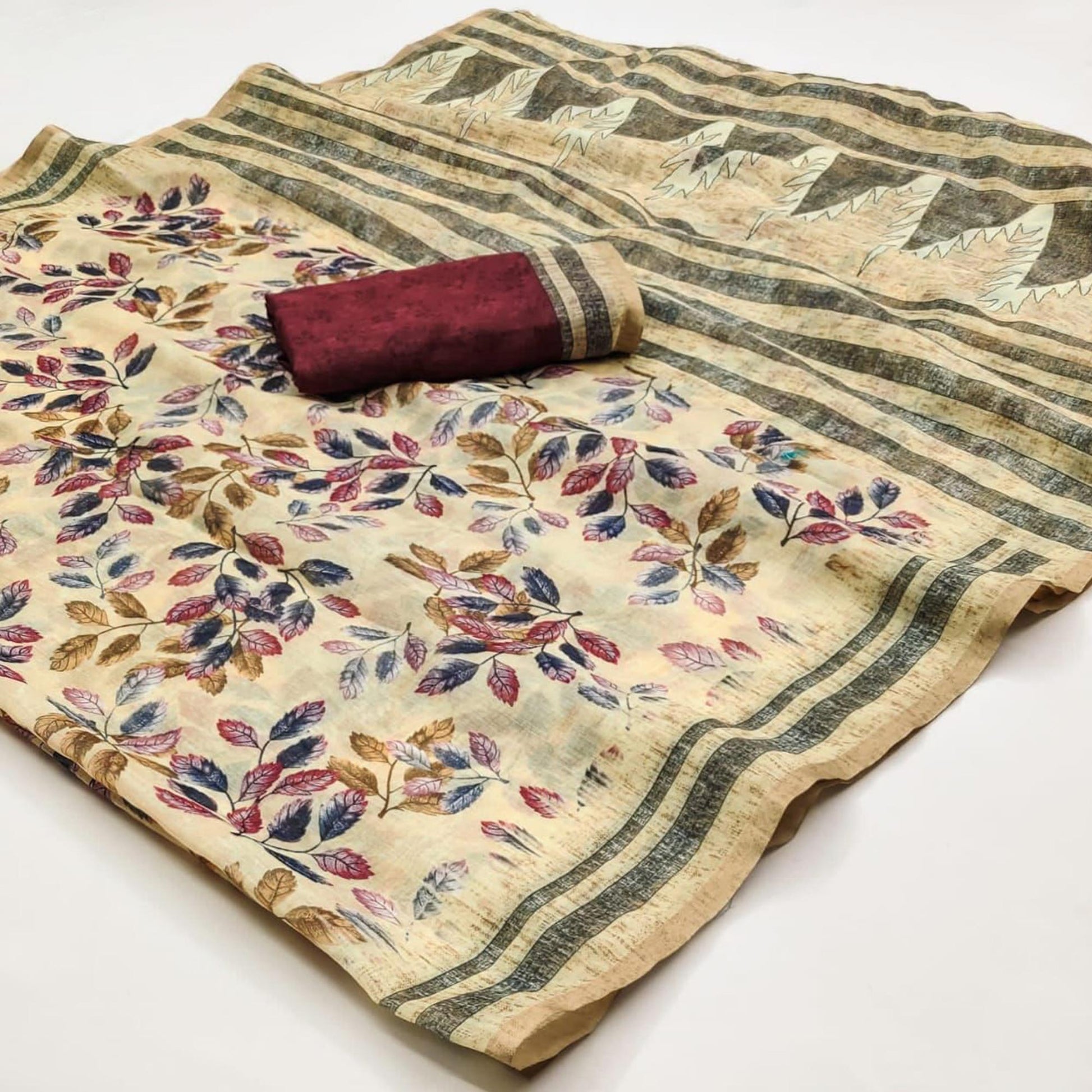 Cream Kalamkari Floral Printed Chanderi Saree