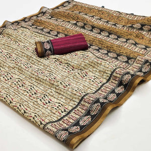 Cream & Black Kalamkari Floral Printed Chanderi Saree