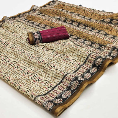 Cream & Black Kalamkari Floral Printed Chanderi Saree
