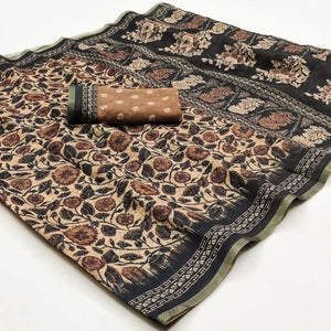 Light Brown Kalamkari Floral Printed Chanderi Saree