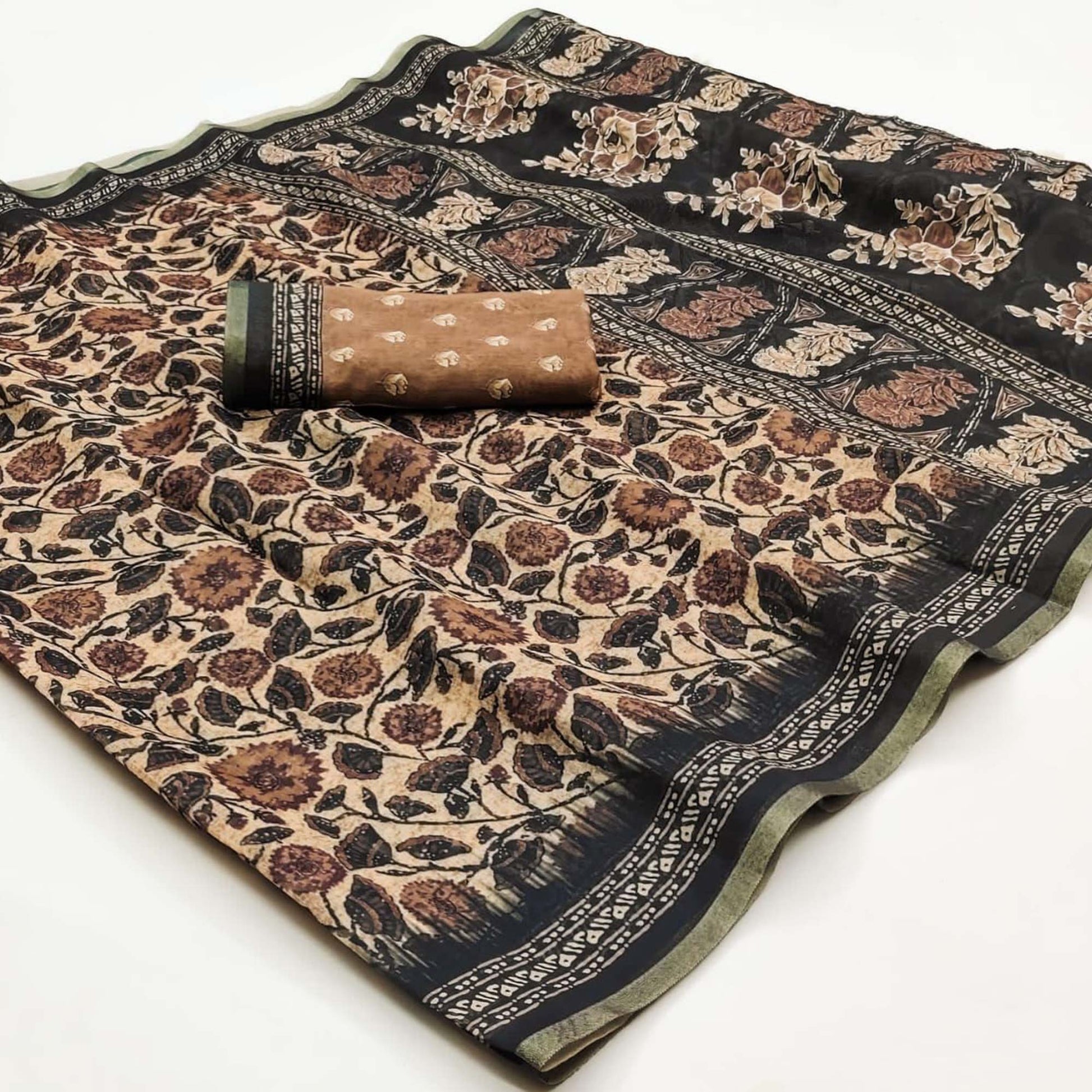Light Brown Kalamkari Floral Printed Chanderi Saree