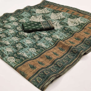 Mehndi Green Kalamkari Floral Printed Chanderi Saree