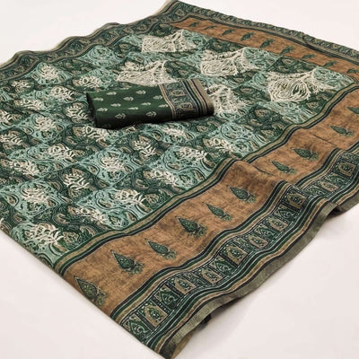 Mehndi Green Kalamkari Floral Printed Chanderi Saree