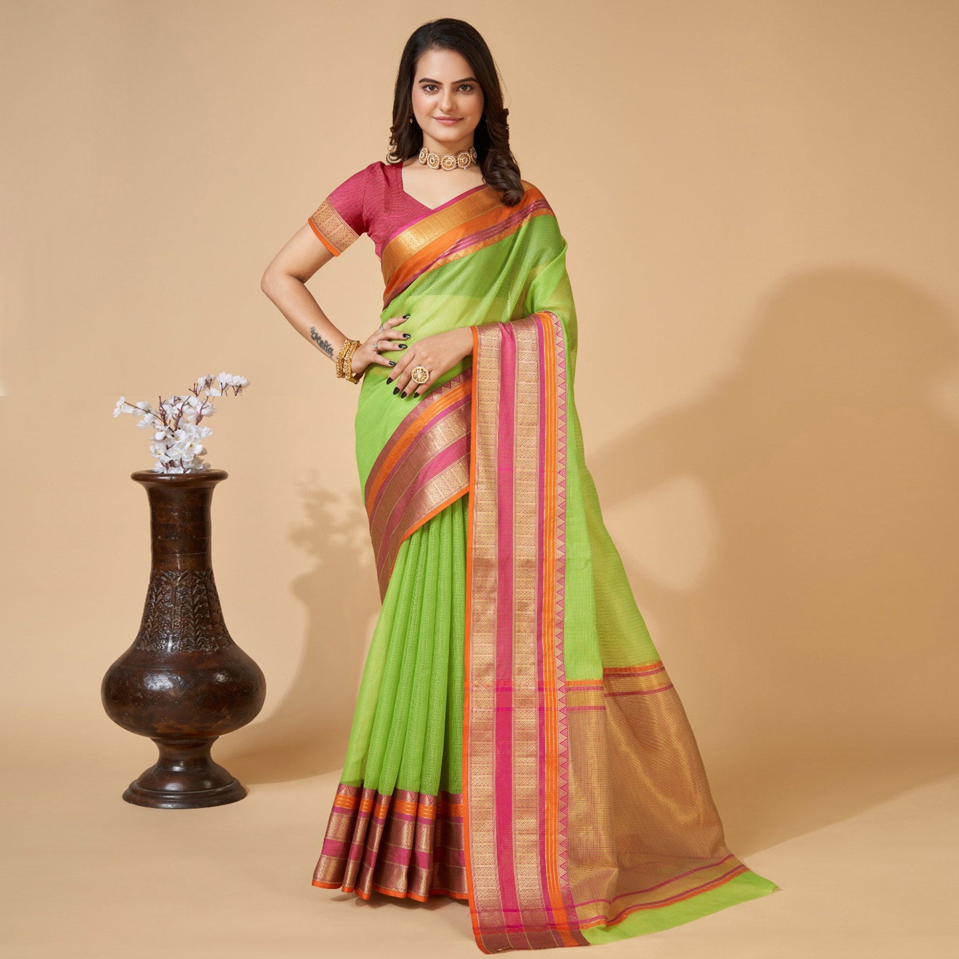 green-woven-kota-doria-saree