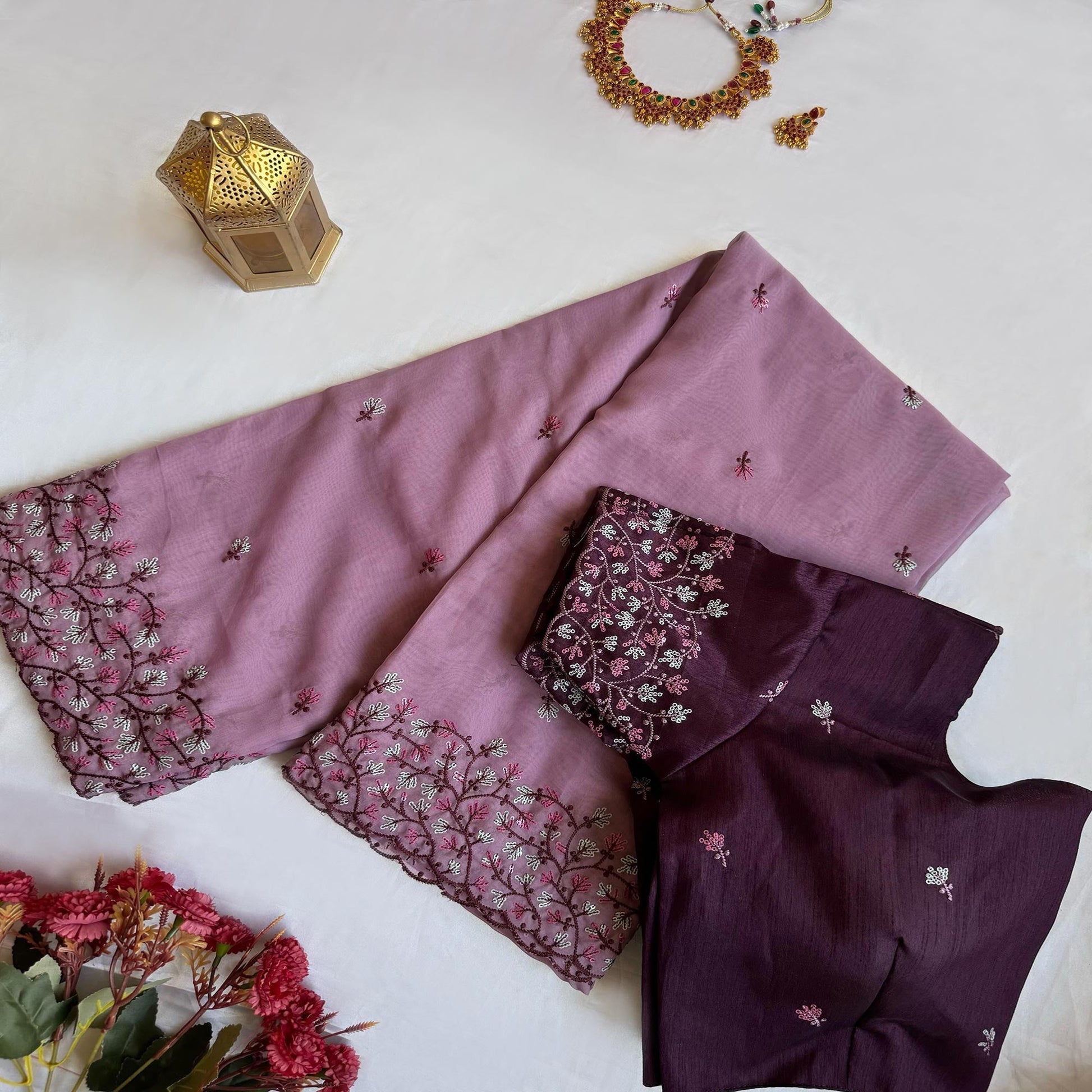 Light Purple Floral Embroidered Organza Saree
