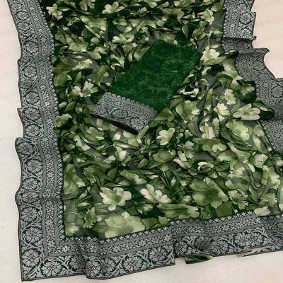 green-floral-printed-georgette-saree-with-woven-border