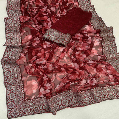 Maroon Floral Printed Georgette Saree With Woven Border